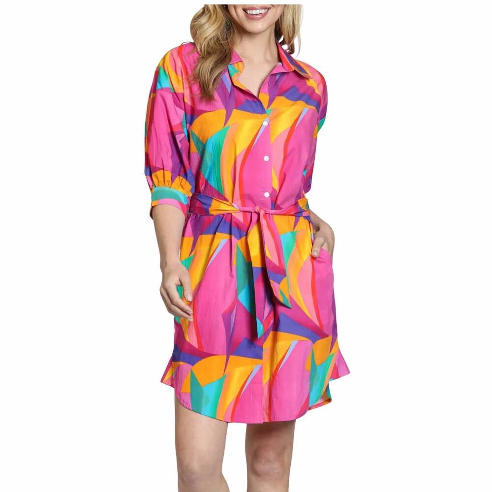 NEW APNY belted dress with puff sleeves in pink/green multi